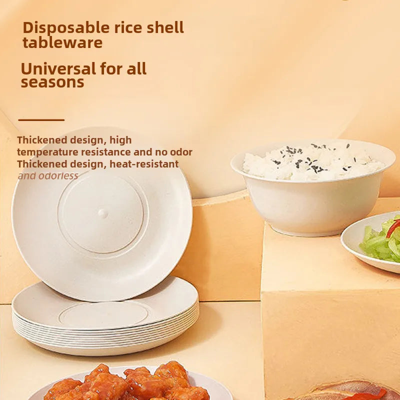 Disposable rice husk tableware plastic packaging four-piece biodegradable environmental protection tableware banquet camping barbecue disposable tableware