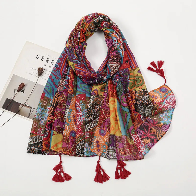 women's sweet flower cotton and linen tassel silk scarves
