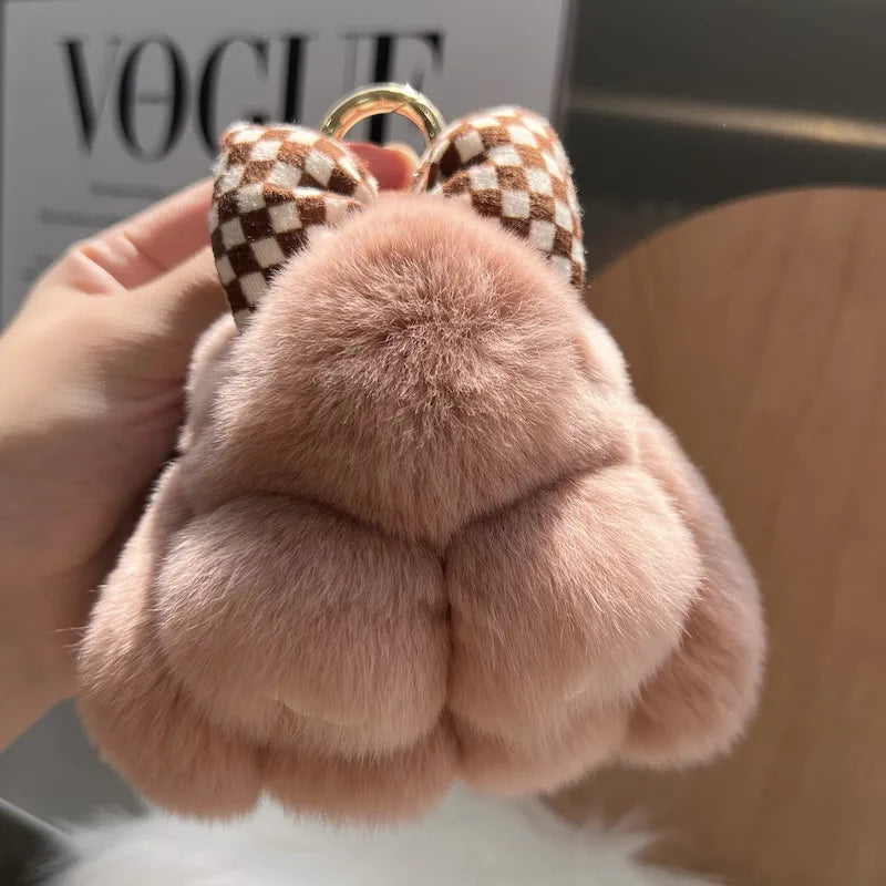 Cute real Rex rabbit fur bow rabbit car key chain pendant plush doll schoolbag bag hanging ornaments wholesale