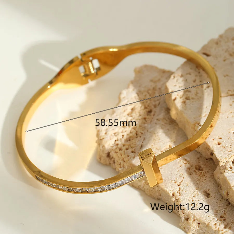 Lady Queen Simple Style Geometric 304 Stainless Steel 18K Gold Plated Zircon Bangle In Bulk