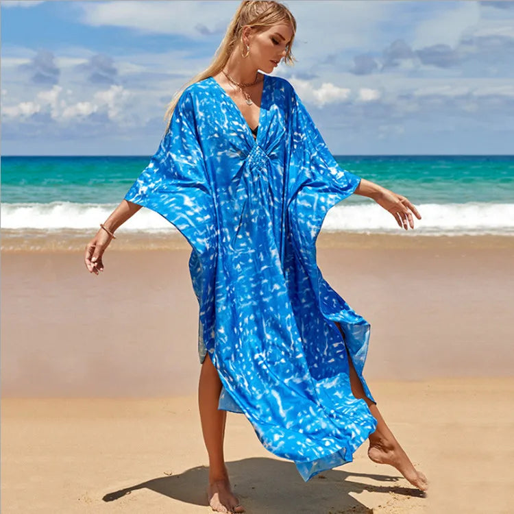 women's beach color block printing cover ups