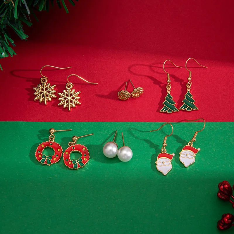 Christmas Themed Earring Set Alloy Snowflake Bow Tie Santa Claus Design Drip Oil Christmas Tree Stud Earrings For Women