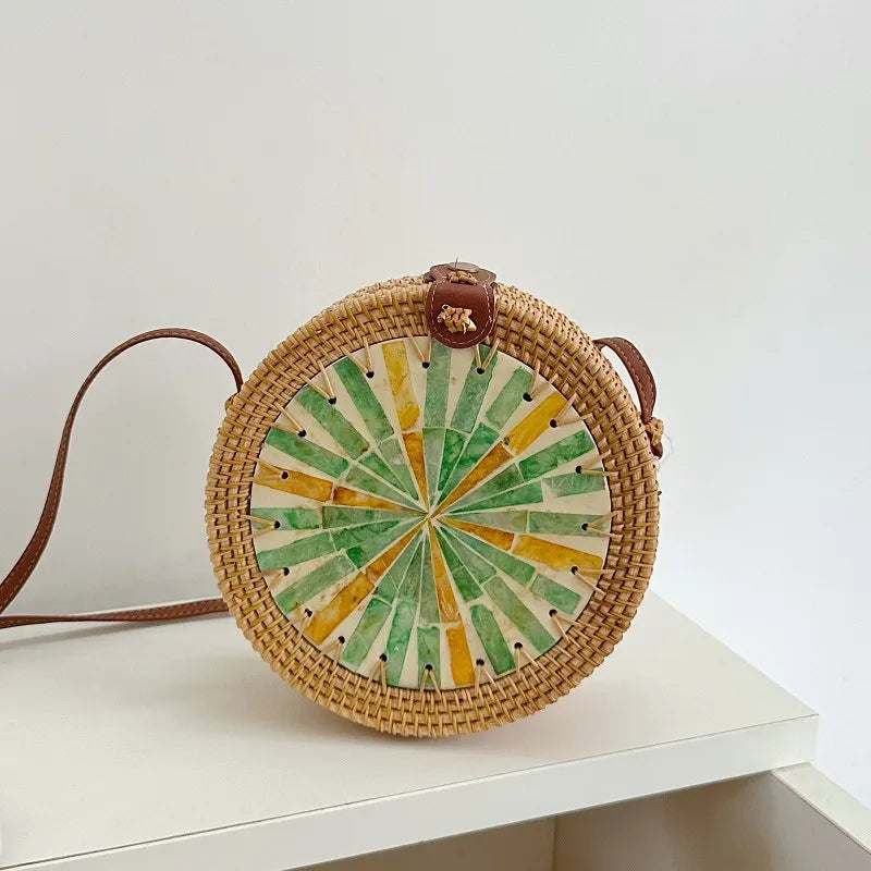 Women's Medium Rattan Floral Elegant Magnetic Buckle Dome Bag