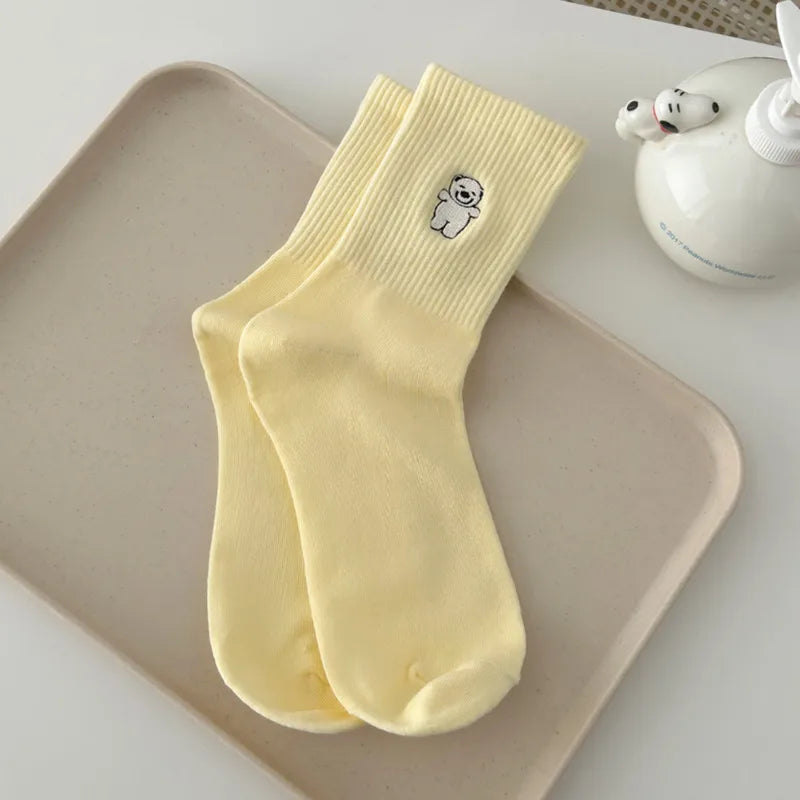 Spring and Summer suxinaimin Cute Dog Embroidered Trendy Healing Striped Mid-Socks Ins Casual Piled Socks