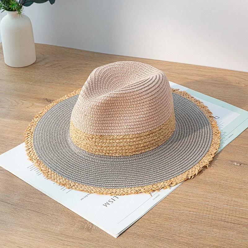 women's pastoral simple style color block big eaves straw hat
