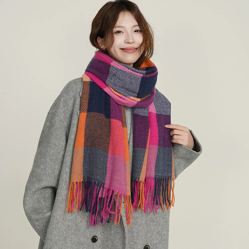 Women's Classic Style Plaid Imitation cashmere Tassel Scarf