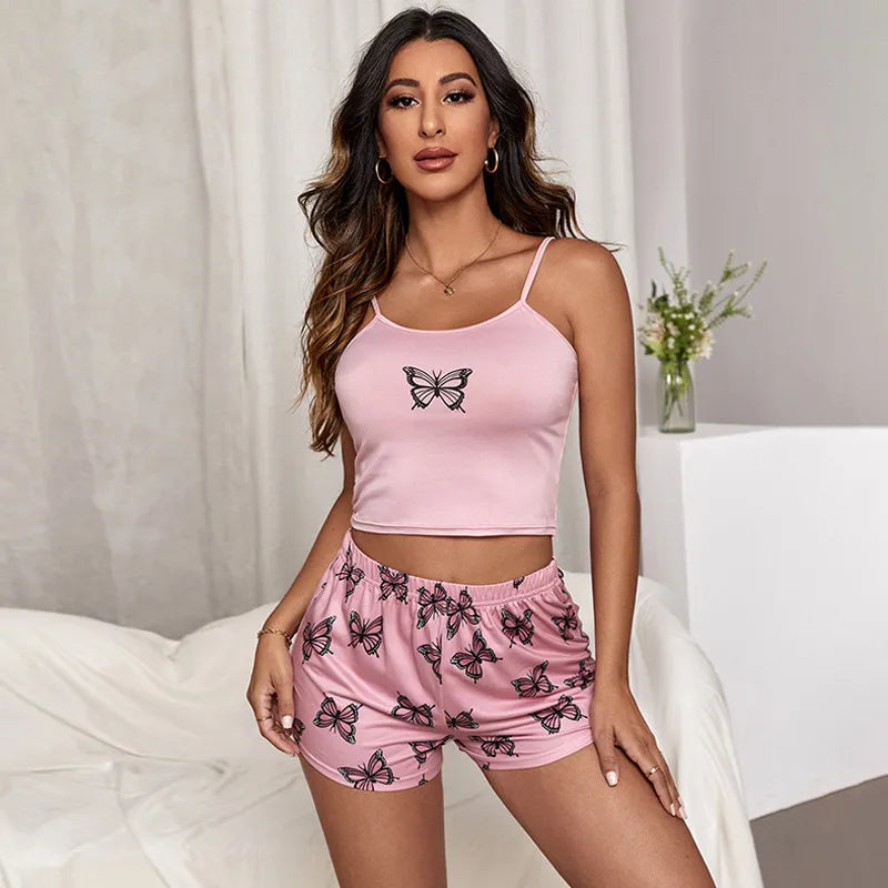 Large Size  Summer Sling Shorts Home Suit Soft Dressing Butterfly Printed Pajamas Two-piece Set