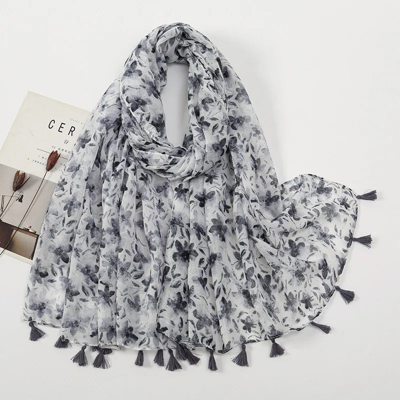 women's sweet flower cotton and linen tassel silk scarves