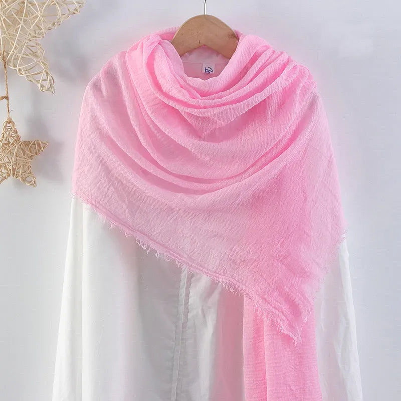 Hot selling solid color pleated cotton and linen scarf  women's bag headscarf crumpled hair fringe bubble scarf women's scarf cover head