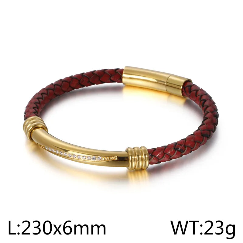 Retro Geometric Pu Leather Titanium Steel Plating 18K Gold Plated Men's Bangle