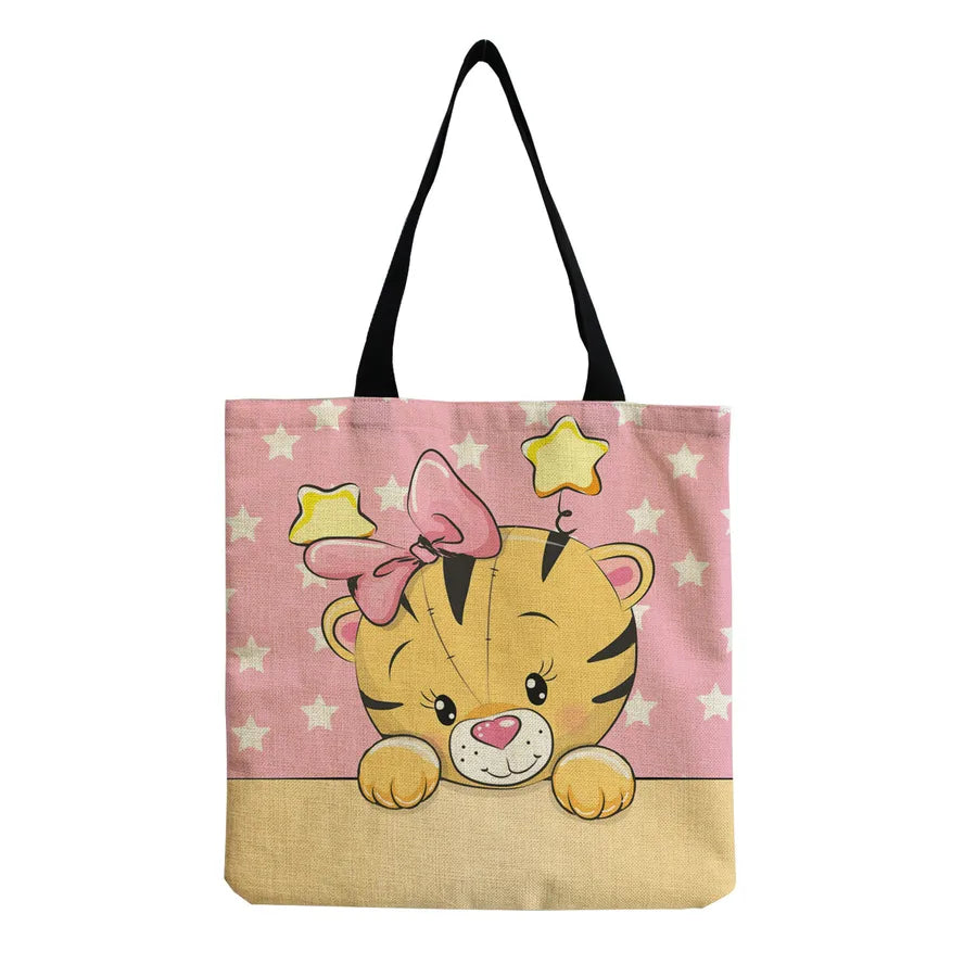 Women's Cute Animal Cartoon Linen Shopping bags