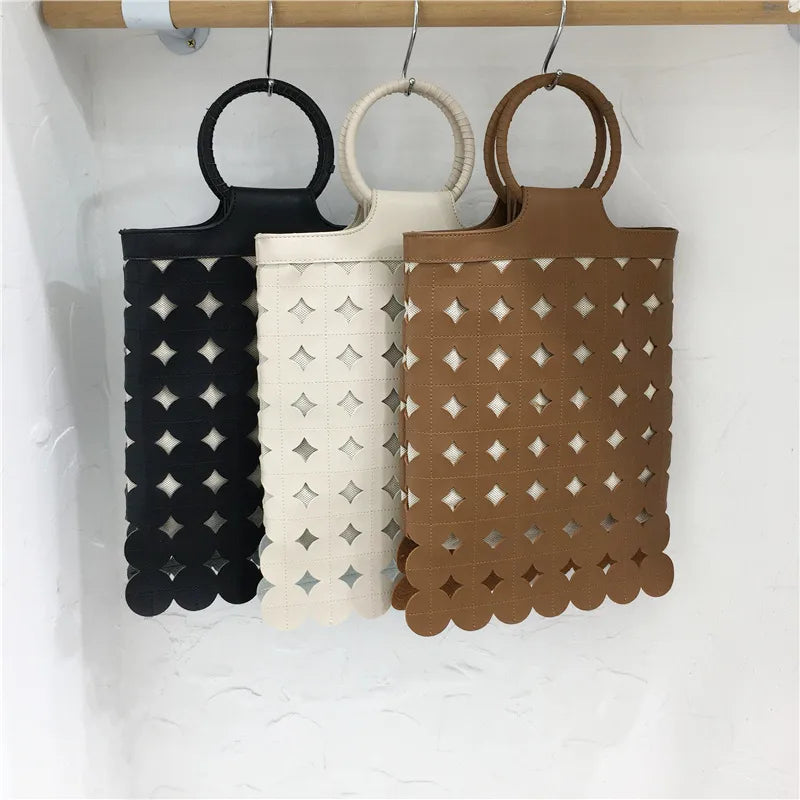 Women's Mini Pu Leather Solid Color Streetwear Hollow Square Magnetic Buckle Handbag