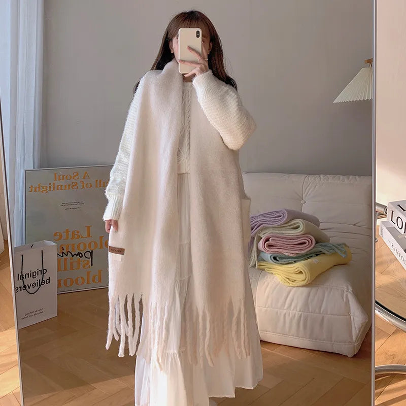 women's sweet color block polyester tassel scarf