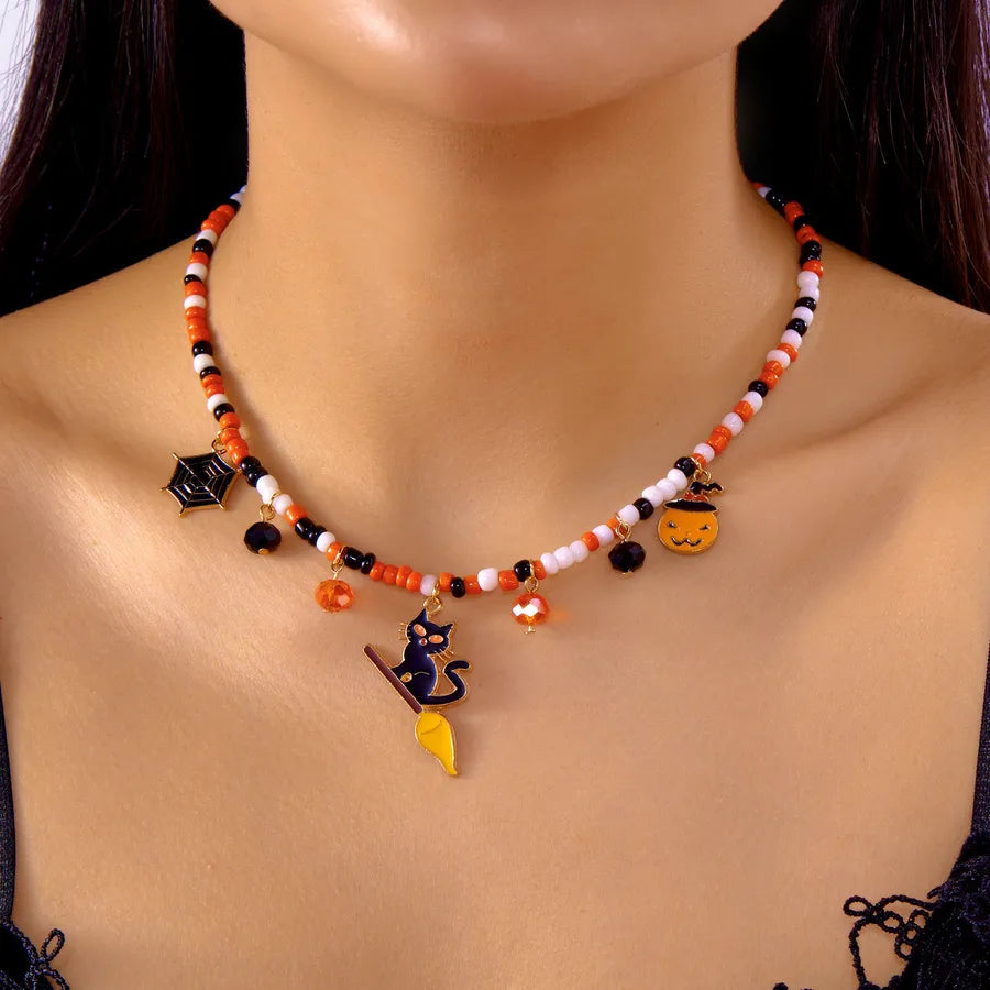 Handmade Halloween Necklace Ghost Spider Pendant Color Matched Pumpkin Design Luxury Style Women's Jewelry Accessory