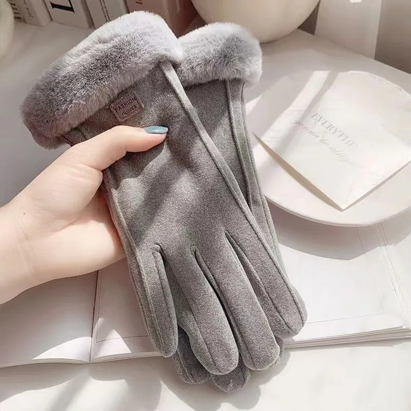 Gloves Women's Winter Velvet Thickened Warm  Cute Touch Screen De Velvet Fall/Winter Electric Car Cold-proof Riding Gloves