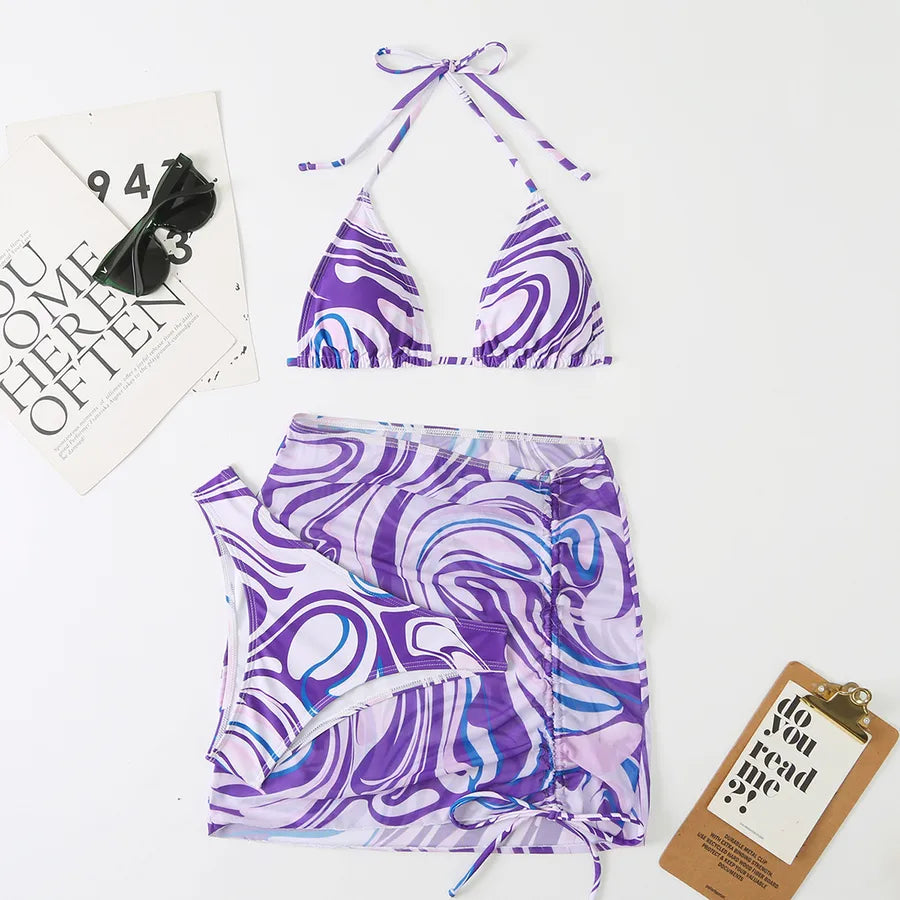 Women's Vacation Waves 3 Pieces Set Bikinis Swimwear