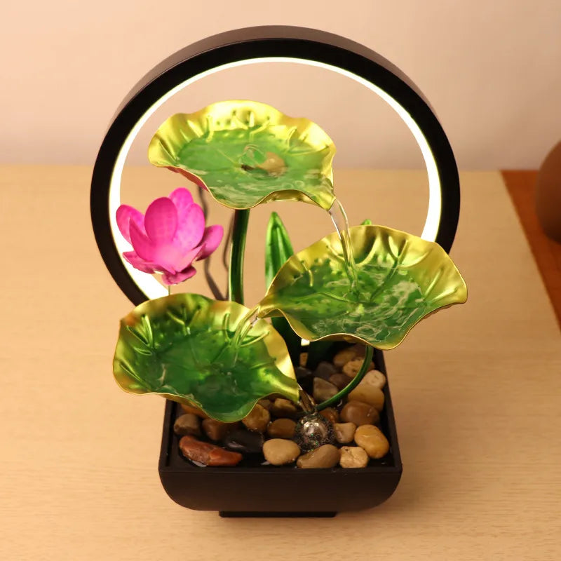 Fountain running water decoration factory circulating water desktop iron decoration golden green lotus leaf with light ring