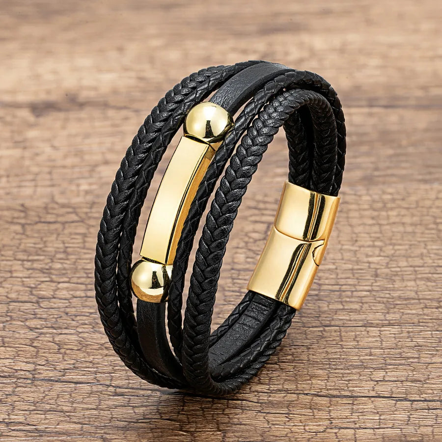hip-hop punk geometric pu leather metal layered handmade metal button men's bracelets