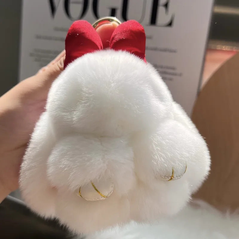 Cute real Rex rabbit fur bow rabbit car key chain pendant plush doll schoolbag bag hanging ornaments wholesale