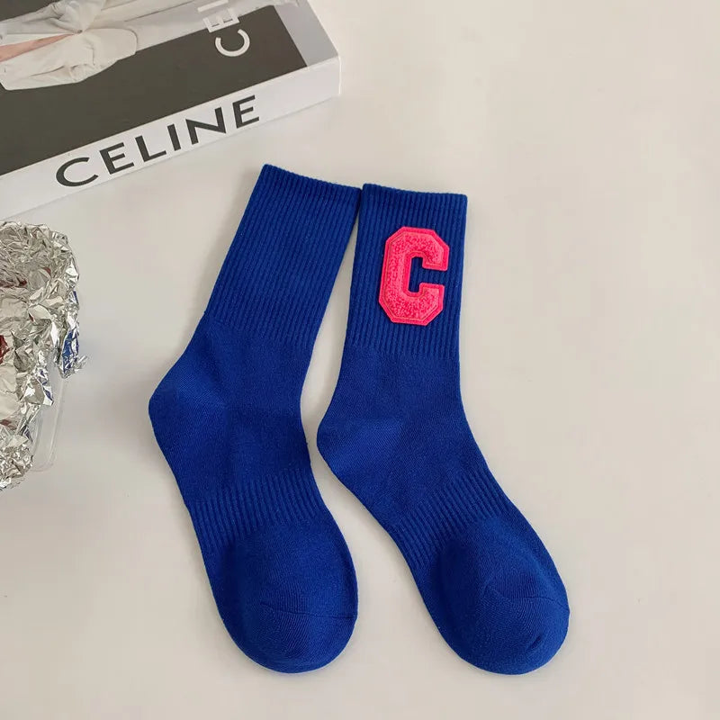 women's casual letter solid color cotton crew socks a pair