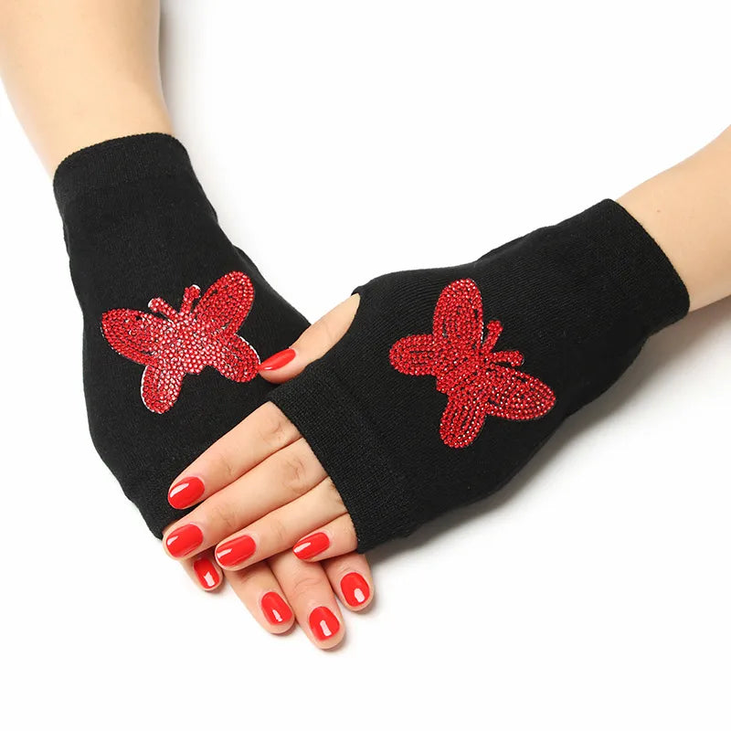 unisex retro bear owl flower knitted fabric gloves 1 pair