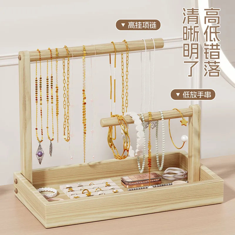Solid Wood Jewelry Display Stand Bracelet Necklace Watch Holder Storage Box Buddha Beads Desktop Organizer Simple Style
