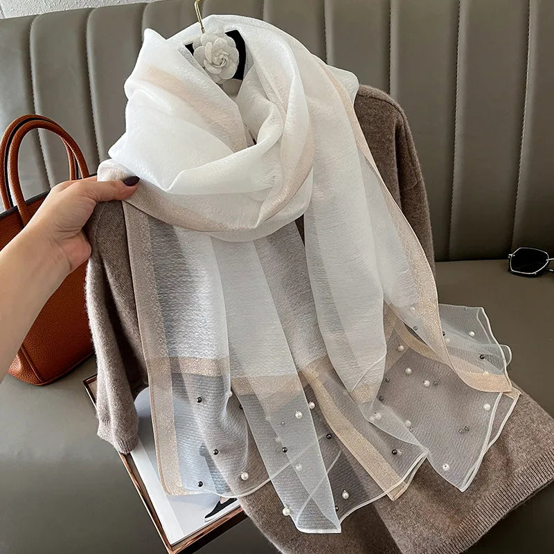 women's simple style color block satin pearl silk scarf