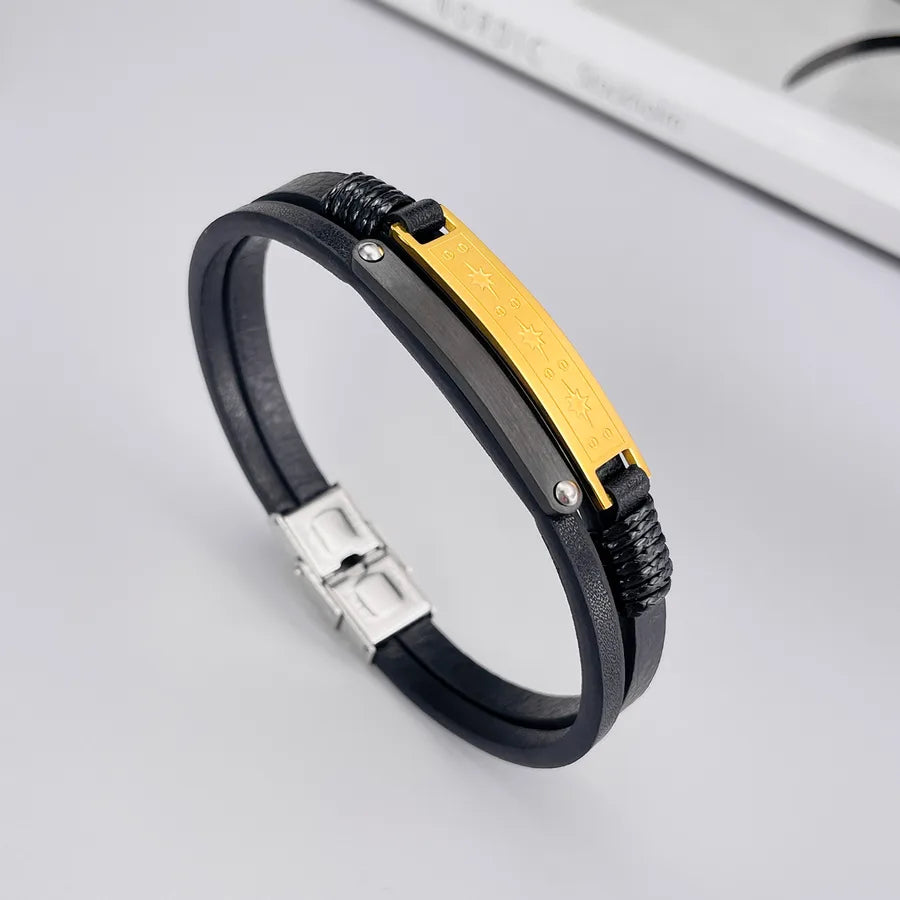 Vintage Style Geometric 304 Stainless Steel Pu Leather Men's Bangle