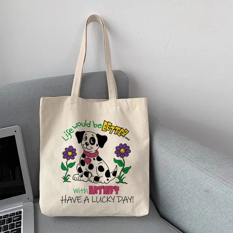 Women's Cute Animal Letter Canvas Shopping bags