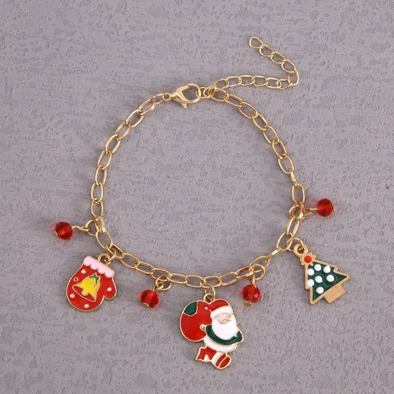 Christmas Themed Crystal Alloy Bracelet Deer Snowman Santa Claus Design Festival Gift Geometric Pattern Cute Unisex Bracelet