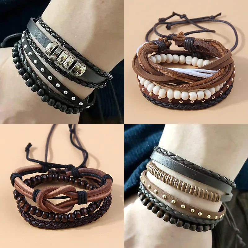 Ethnic Style Solid Color Pu rope Wood Men's Bracelets