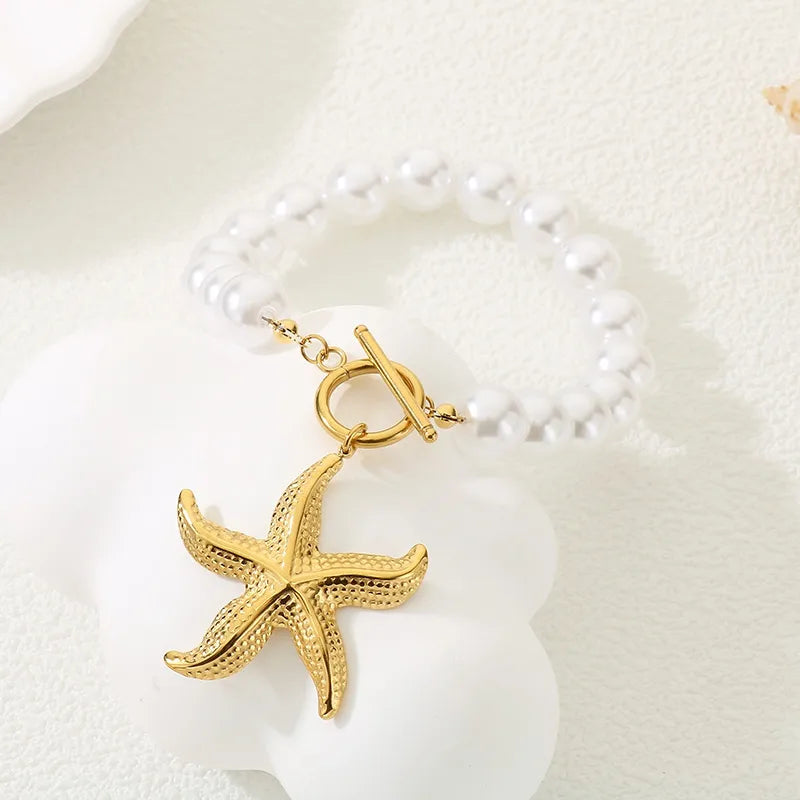 Beach Sweet New Style Starfish Conch Heart Shape 304 Stainless Steel 18K Gold Plated Beaded Chain Bracelets In Bulk
