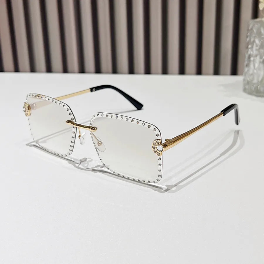 Casual Hip-Hop Color Block Pc Square Rhinestone Frameless Glasses