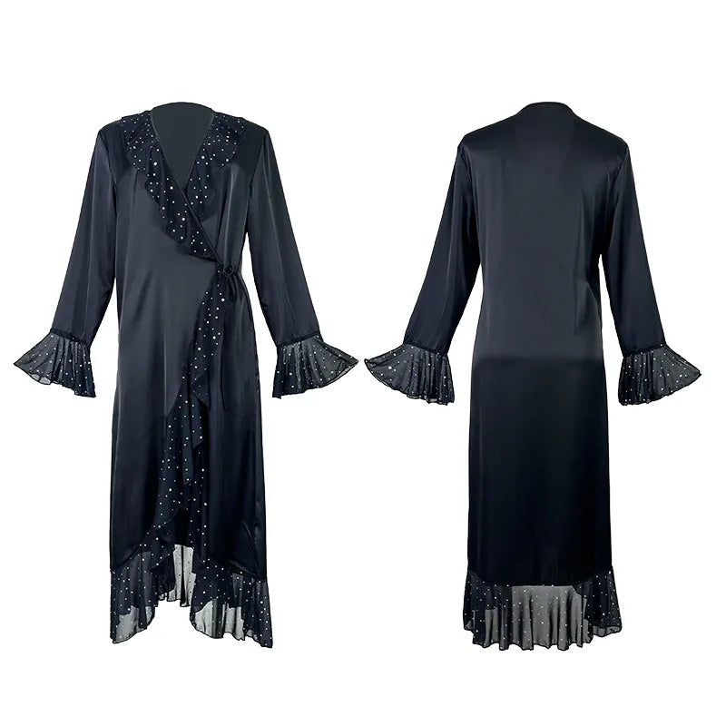 Fashionable V-Neck Long Sleeve Sequin Nightgown Women's Satin Robe Home Clothes Breathable Lightweight Polyester Silk Blend