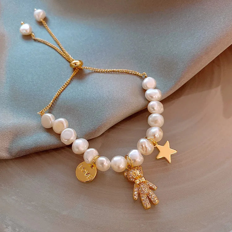 elegant cute lady bear freshwater pearl copper inlay artificial gemstones bracelets