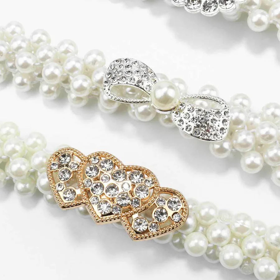 sweet oval flower bow knot imitation pearl metal inlay rhinestones women's chain belts