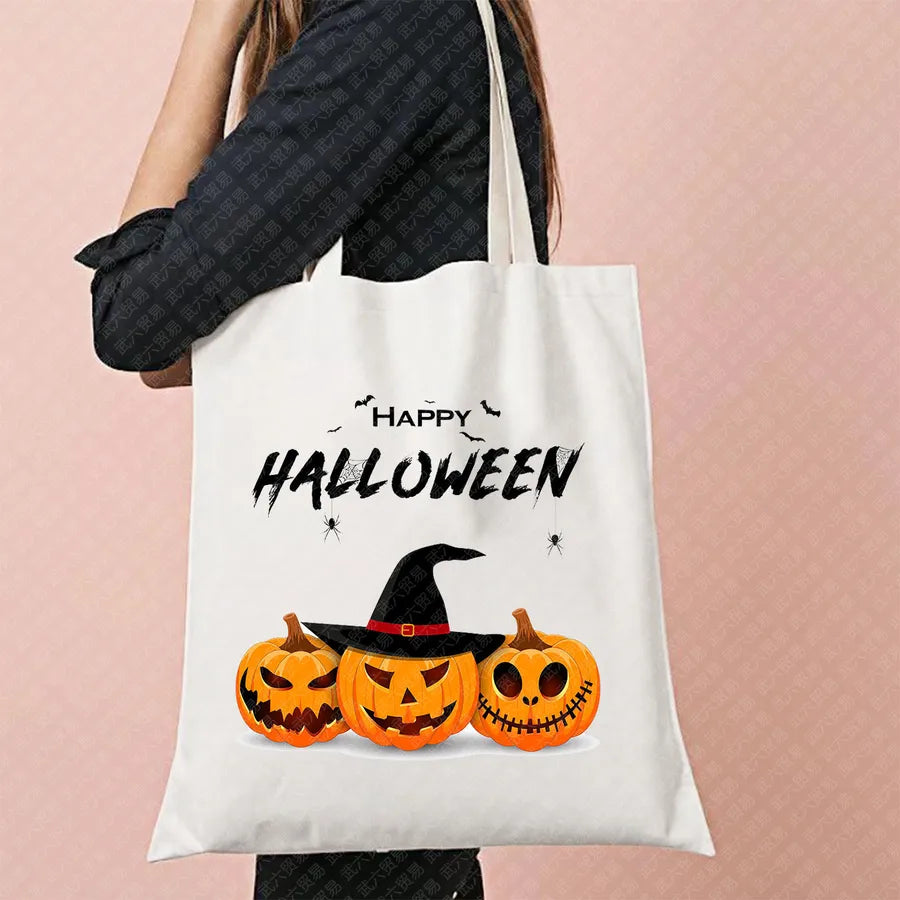 Ghost Pattern Halloween Outdoor Shopping Bag Cute Ghost Design Canvas Tote Bag For Ladies Retro Fashion Printed Large Size