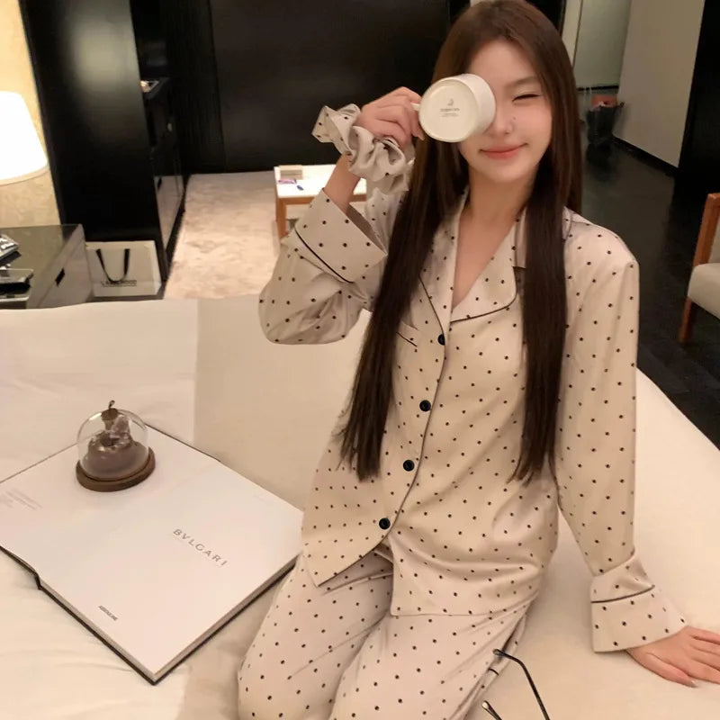 French Anti-Aging Sleepwear Women's Spring Autumn New Simple Polka Dot Long Sleeve Long Pants Ice Silk Home Clothes Fashion Set
