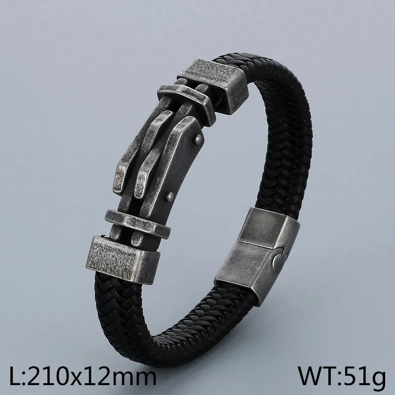 Business Color Block 304 Stainless Steel Leather Knitting 18K Gold Plated Men's Bangle