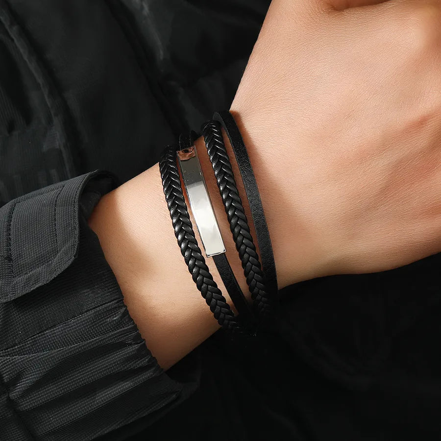 Retro Classic Style Geometric Pu Leather Alloy Titanium Steel Men's Bracelets Men Cord & Leather Bracelets