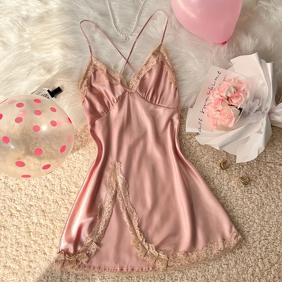 Home Women's Elegant Sexy Color Block Lace Imitated Silk Polyester Pajama Sets