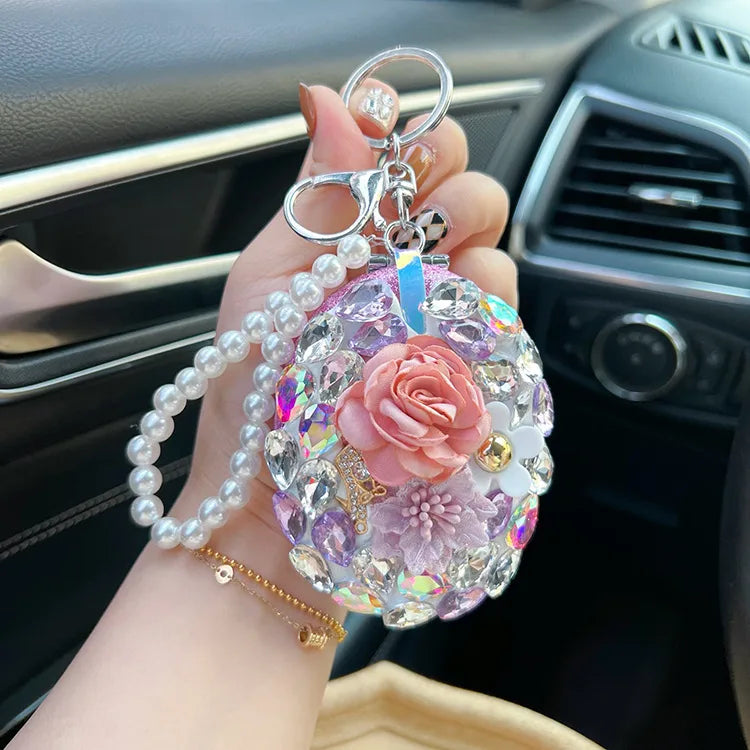 Crystal glass mirror keychain diy finished product portable makeup mirror bag pendant gift live  Yiwu