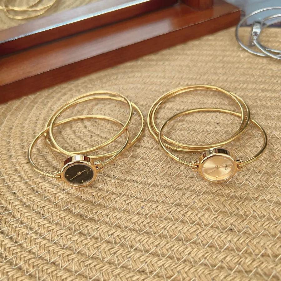 Waterproof Gold Quartz Watch Bracelet Style Three Rings Ladies Elegant Fashion Stainless Steel Band Mineral Glass Face Round Dial