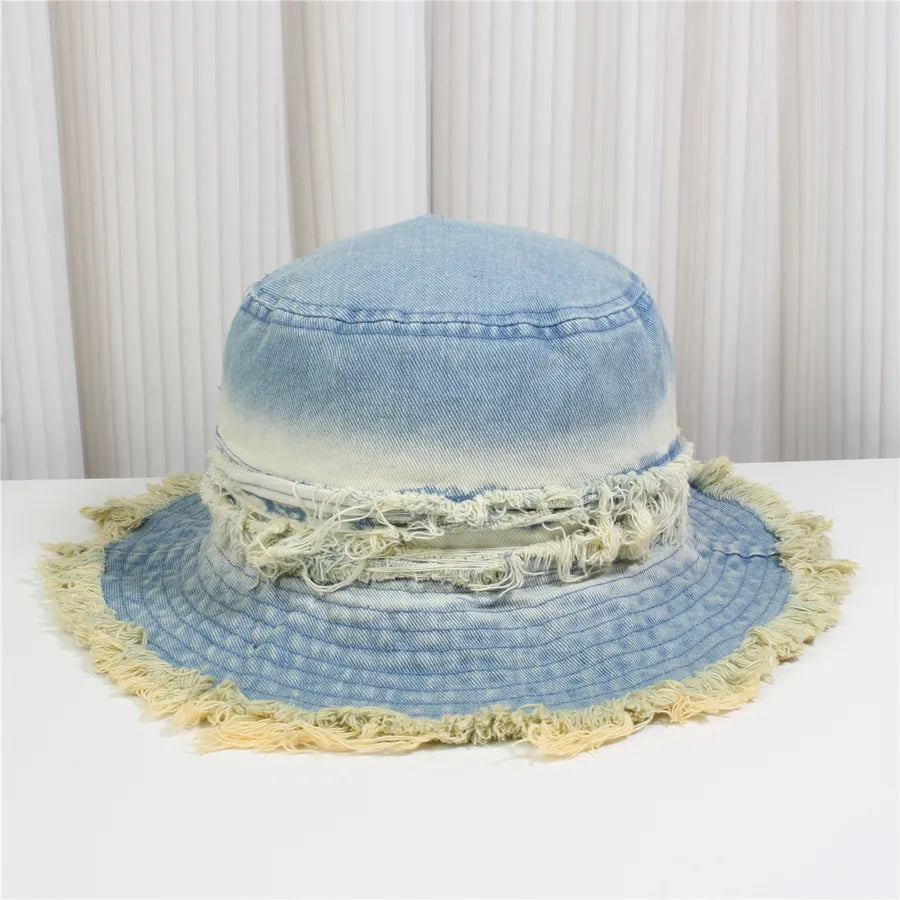 Retro New Style Denim Fishing Cap Women's Harajuku Sun Protection Bucket Hat Cuffed Tear Design Casual Versatile Streetwear