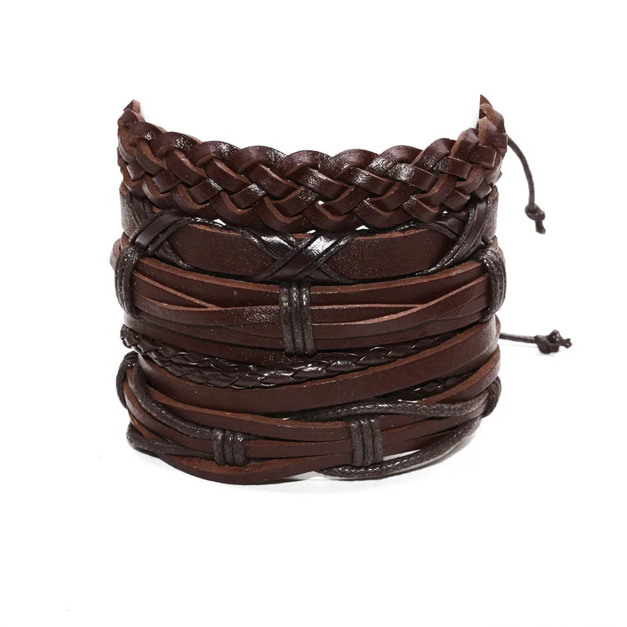 hot selling vintage men's bracelet 5-piece handmade woven cowhide wax rope adjustable bracelet jewelry wholesale