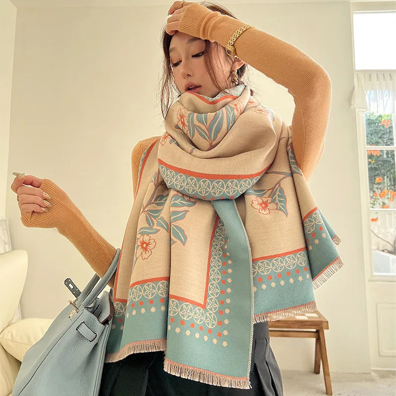women's casual simple style flower imitation cashmere scarf