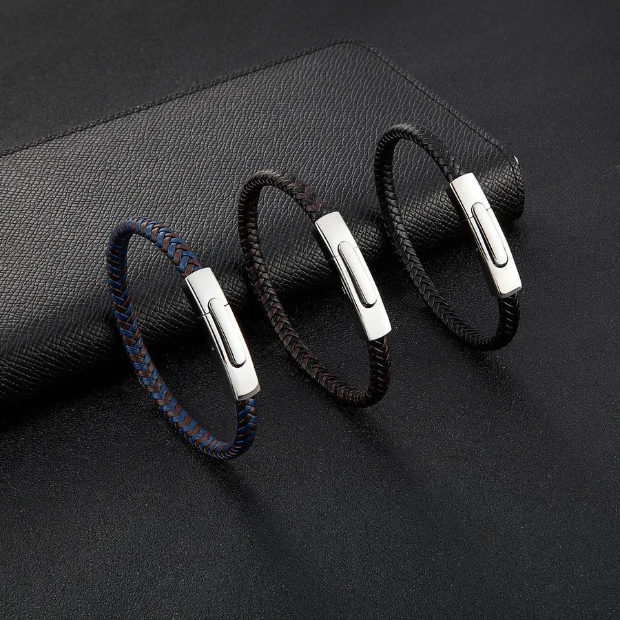 Business Hip-Hop Solid Color 316L Stainless Steel  Pu Leather Men's Bangle Men Cord & Leather Bracelets