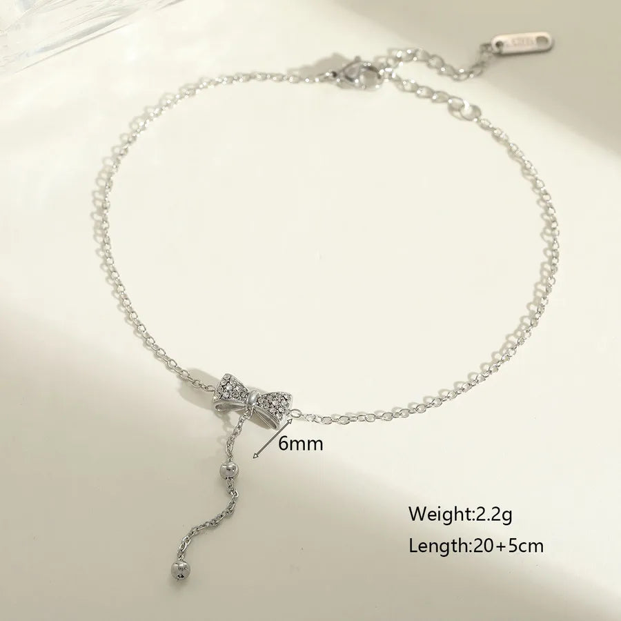 Casual Cute Lady Solid Color Bow Knot 304 Stainless Steel 18K Gold Plated Zircon cable chain Bracelets In Bulk