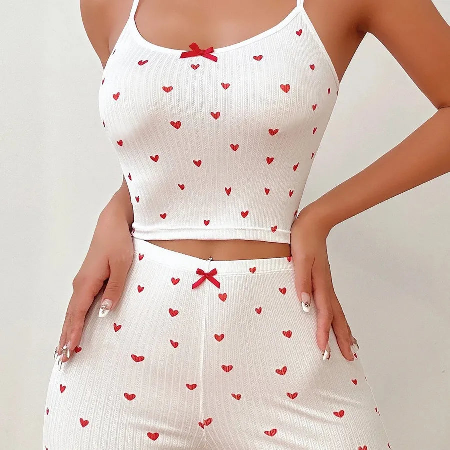 Summer New  Home Clothes Explosions New Heart-shaped Printed Bow Sling Home Casual suit Pajamas
