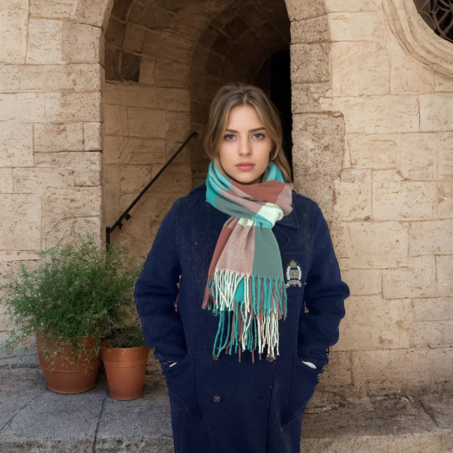 women's casual simple style color block imitation cashmere tassel scarf
